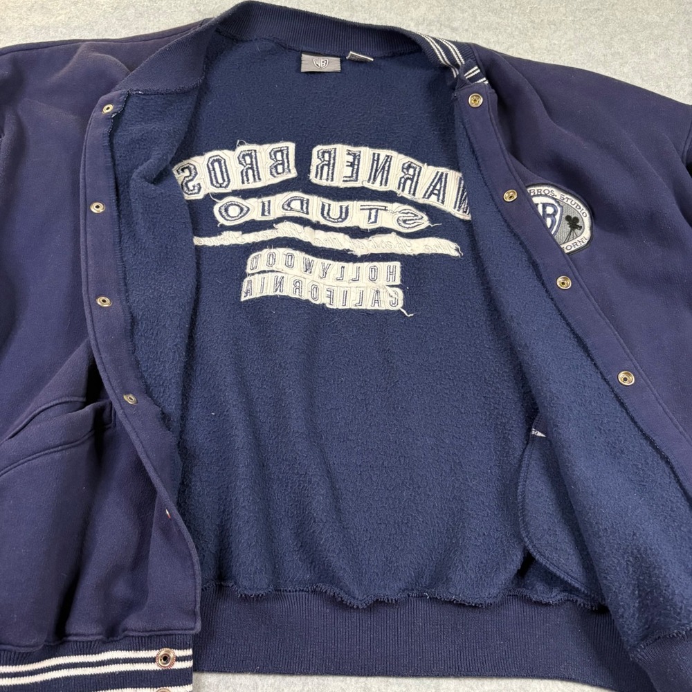 Vintage Warner Bros Studio Bomber Jacket Mens XL Navy Blue Varsity 90s Retro - Picture 4 of 11